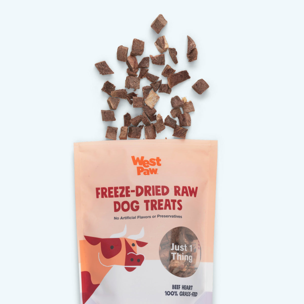 Freeze-dried beef heart dog treats pouch with scattered treat pieces