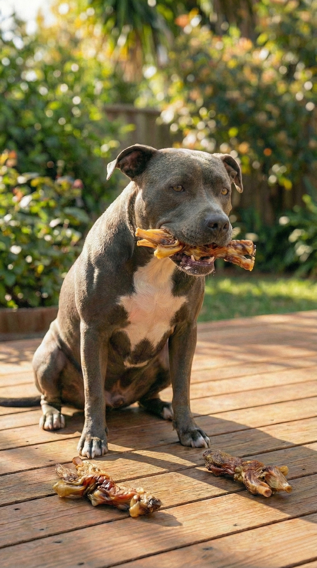 Beef tendon chew being eaten by a dog; several tendon pieces on a deck