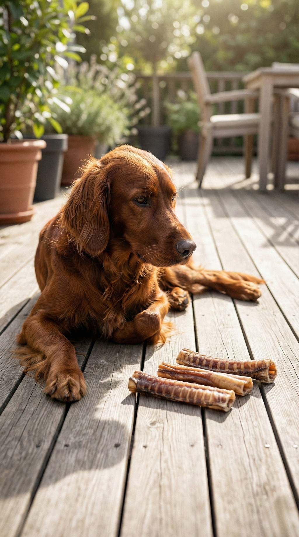 Dog resting beside beef trachea chew sticks on wooden deck