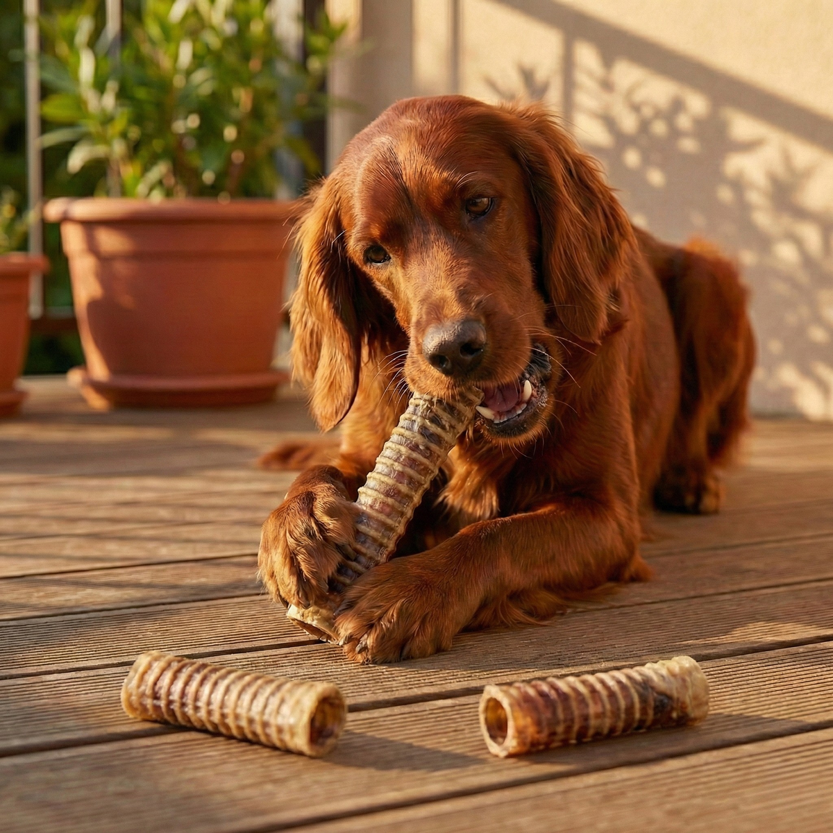 Golden retriever with beef trachea chew; multiple chew sticks on deck