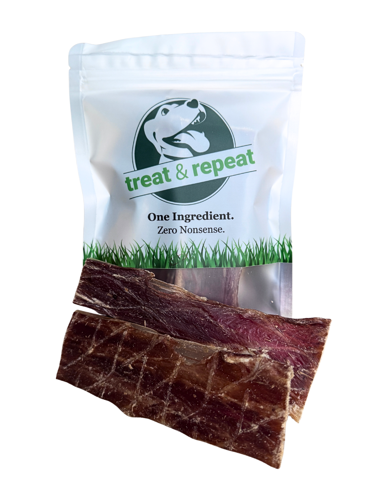 Beef gullet dog treat pouch with dried meat strips