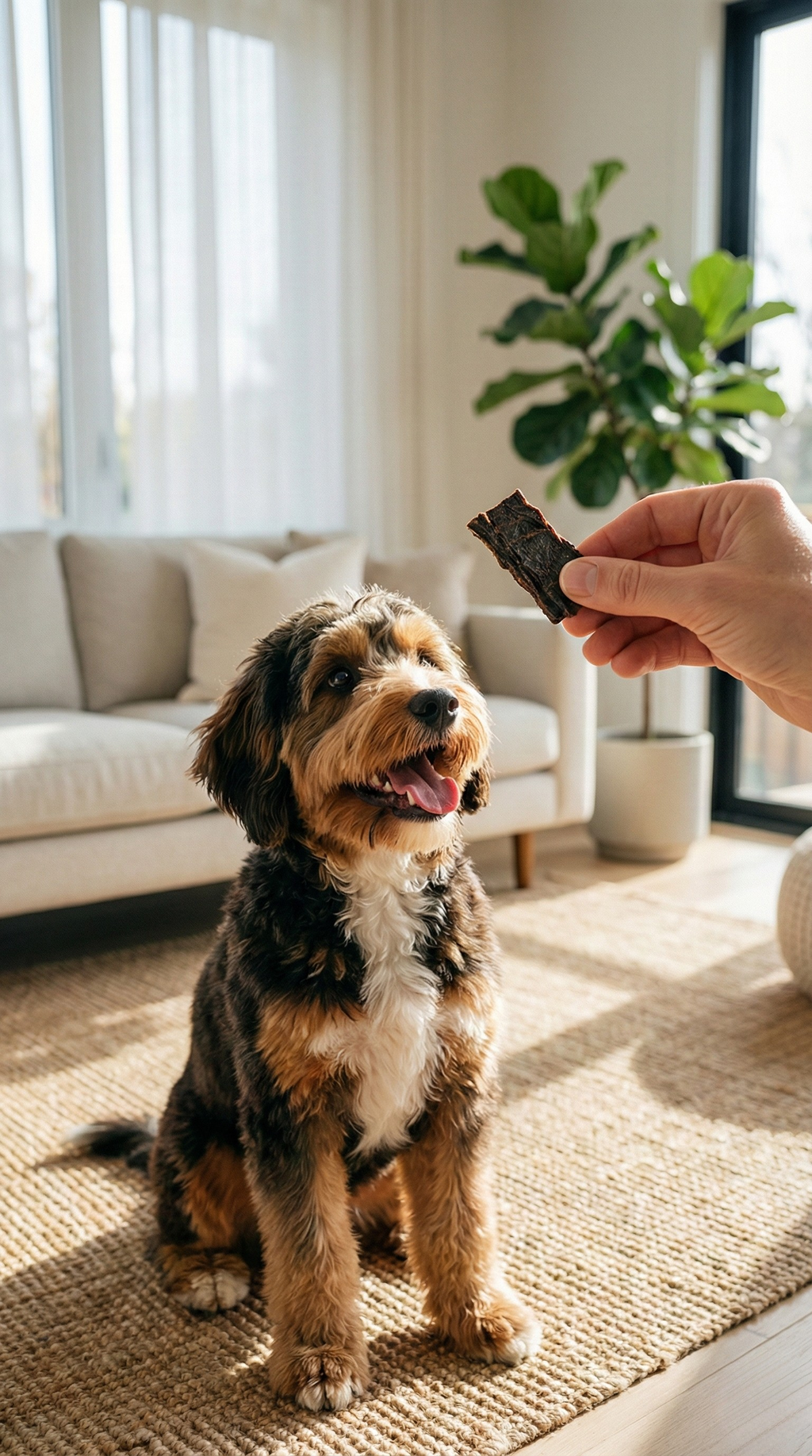 Hand holding beef liver jerky piece for a small dog