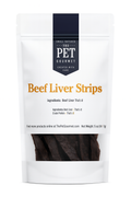 Beef liver jerky strips for dogs in white resealable pouch with dark jerky visible