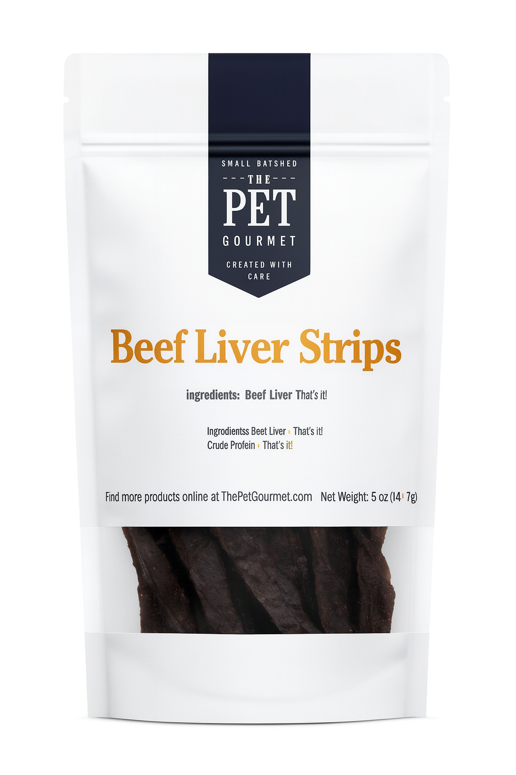 Beef liver jerky strips for dogs in white resealable pouch with dark jerky visible