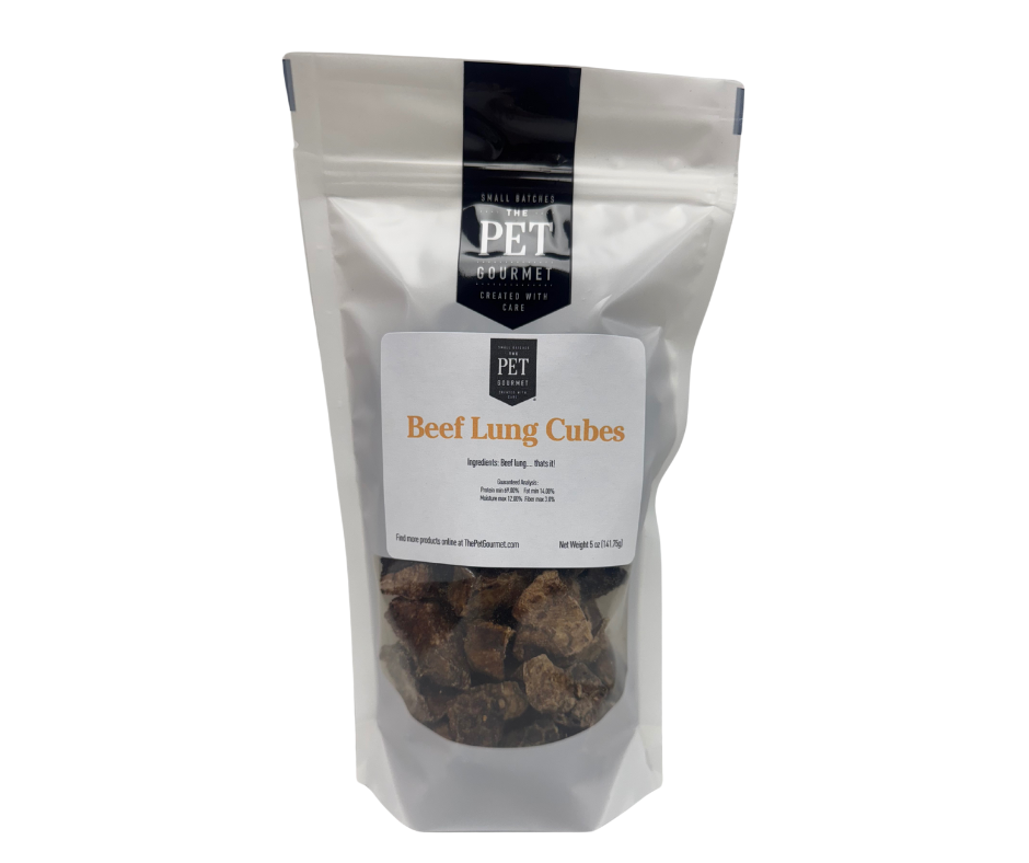 Dog treat pouch of beef lung cubes, with a clear window showing brown chewy pieces