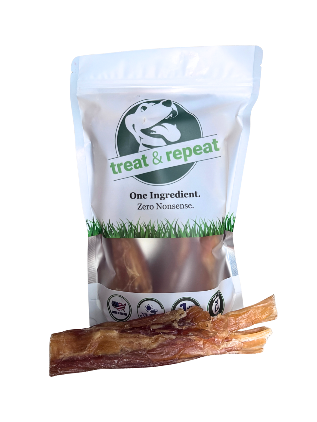 Beef tendon chew pack with resealable bag and dried tendon strips