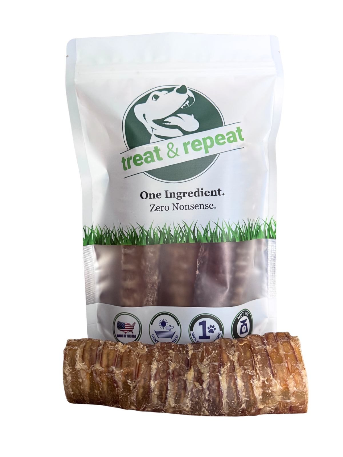 Beef trachea dog treats, 3-pack; bag and three dried chews visible