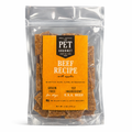 Beef jerky snack in clear pouch with brown strips and label