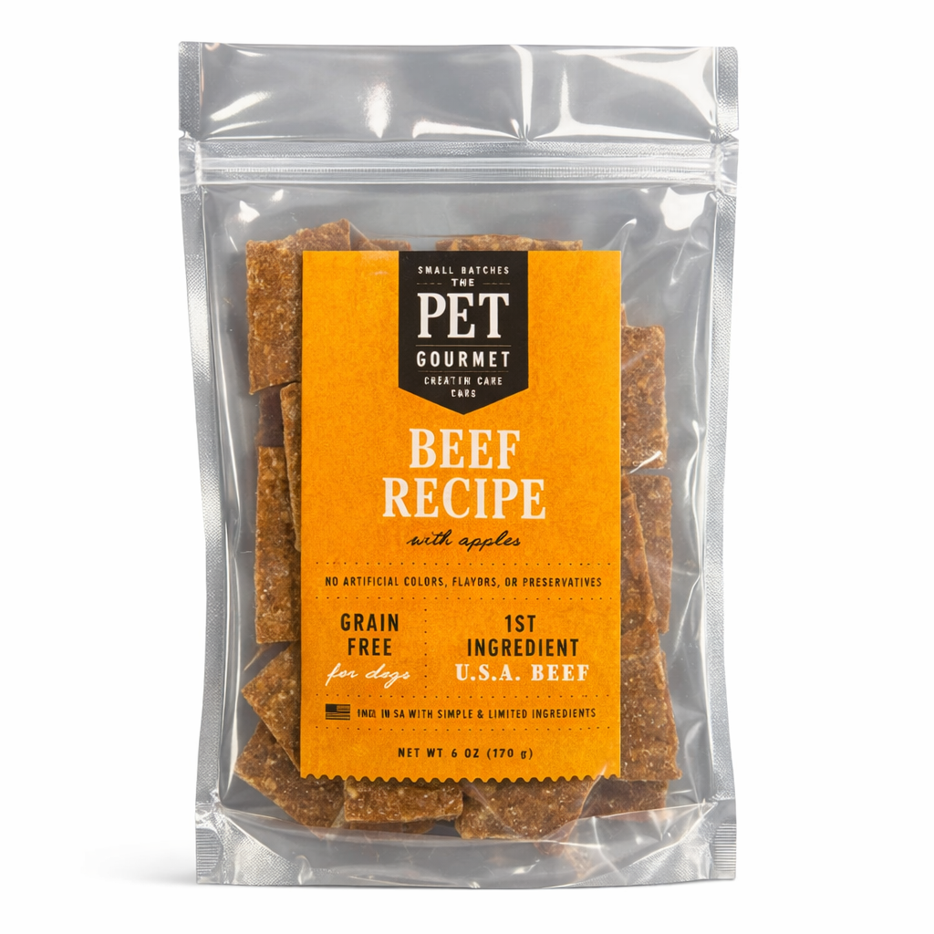 Beef jerky snack in clear pouch with brown strips and label