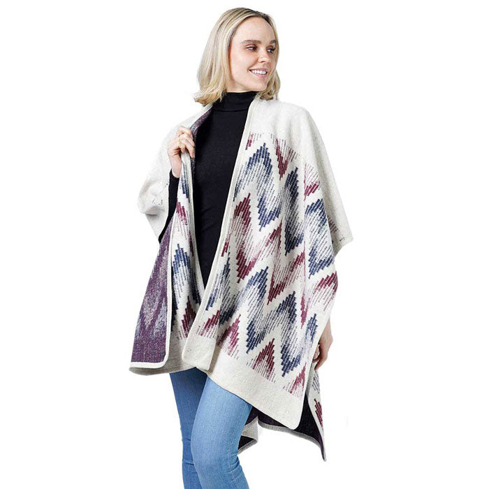 Beige chevron poncho cape shawl wrap with multicolor zigzag pattern and open front