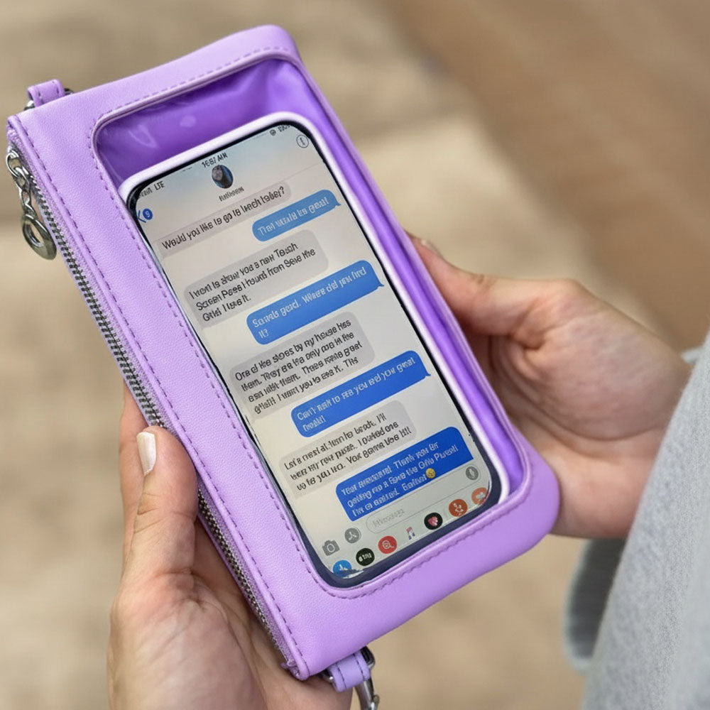 Lavender RFID crossbody wallet with clear phone window in zip pocket