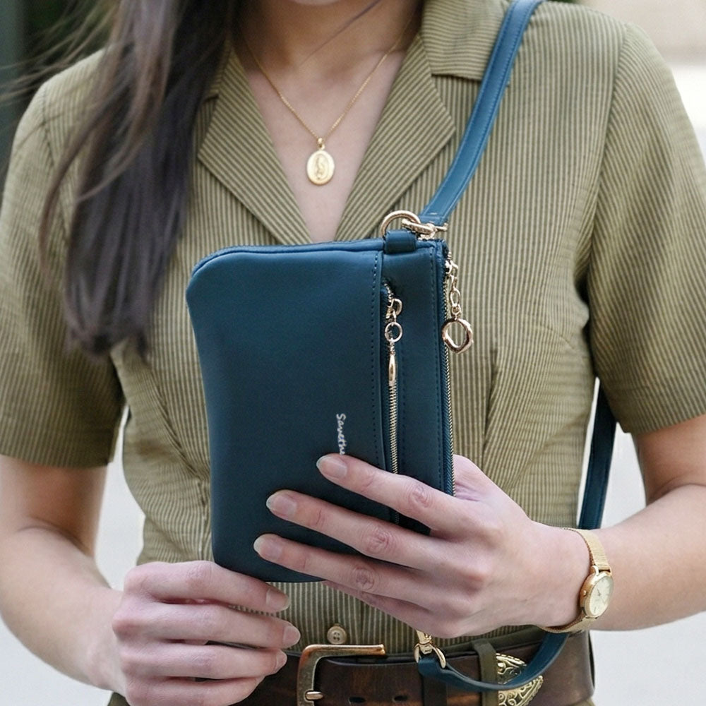 Teal RFID crossbody wallet with clear front panel and zipper pocket