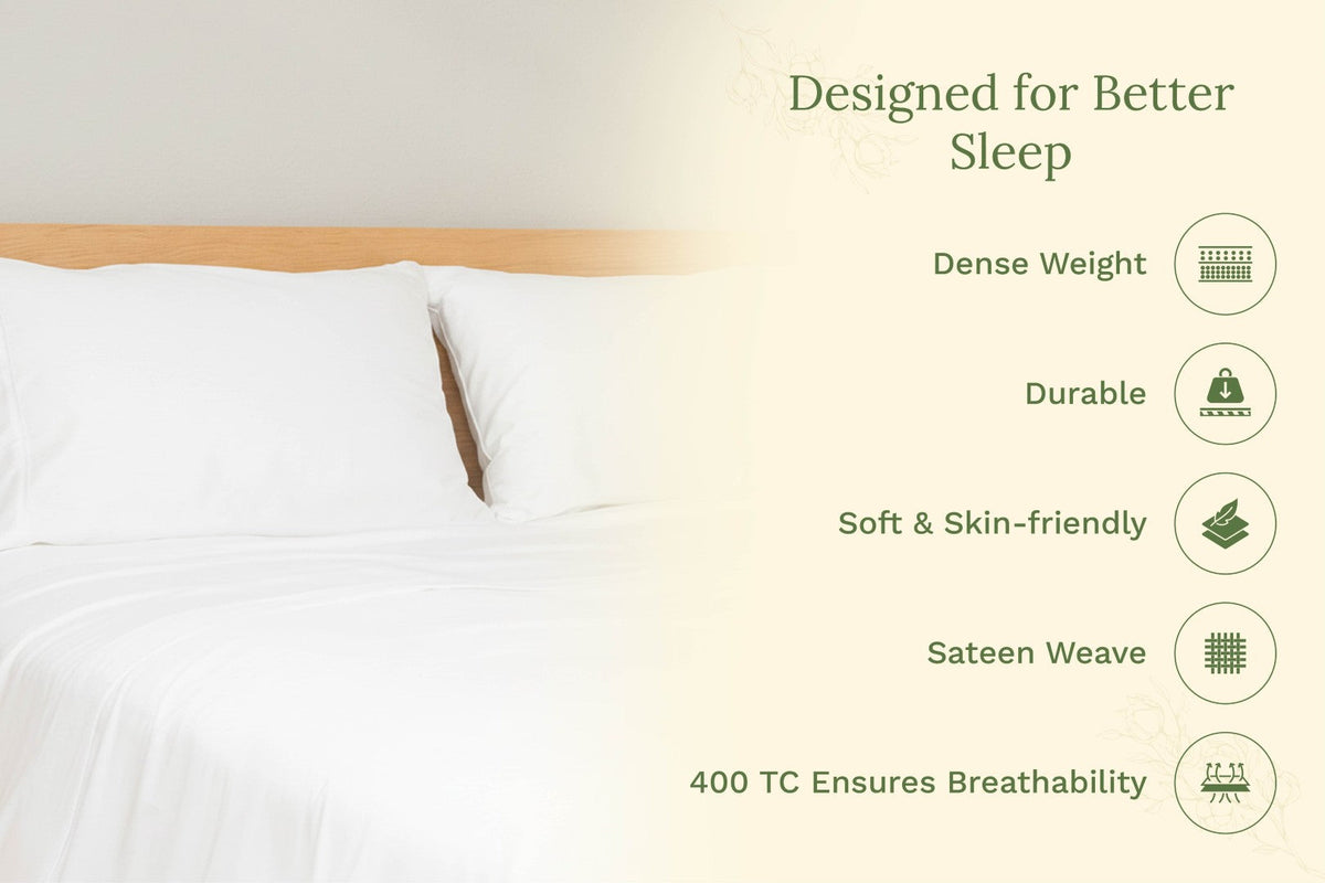 White pillowcase set on bed, neat rectangular shams with smooth surface