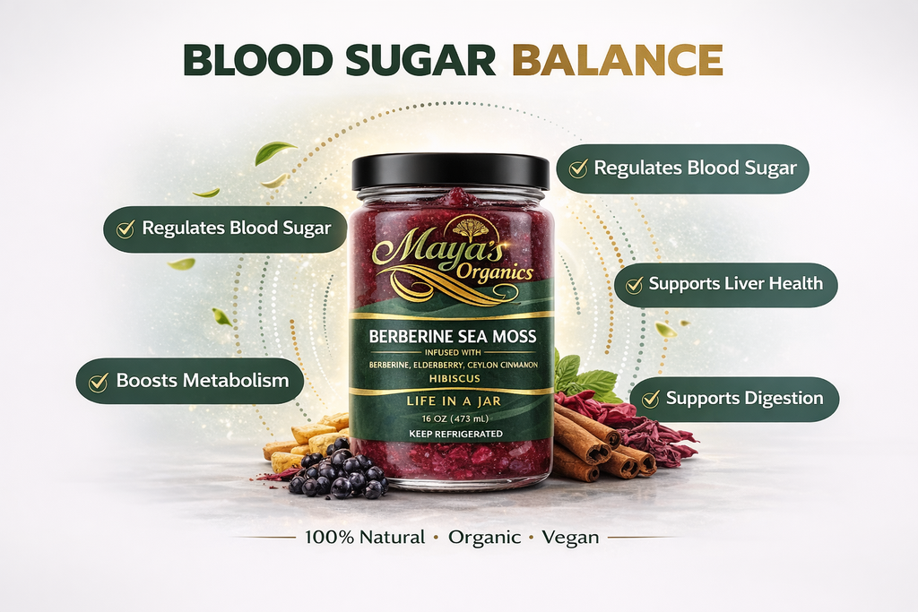Berberine sea moss gel jar with liver & gallbladder detox capsules infographic
