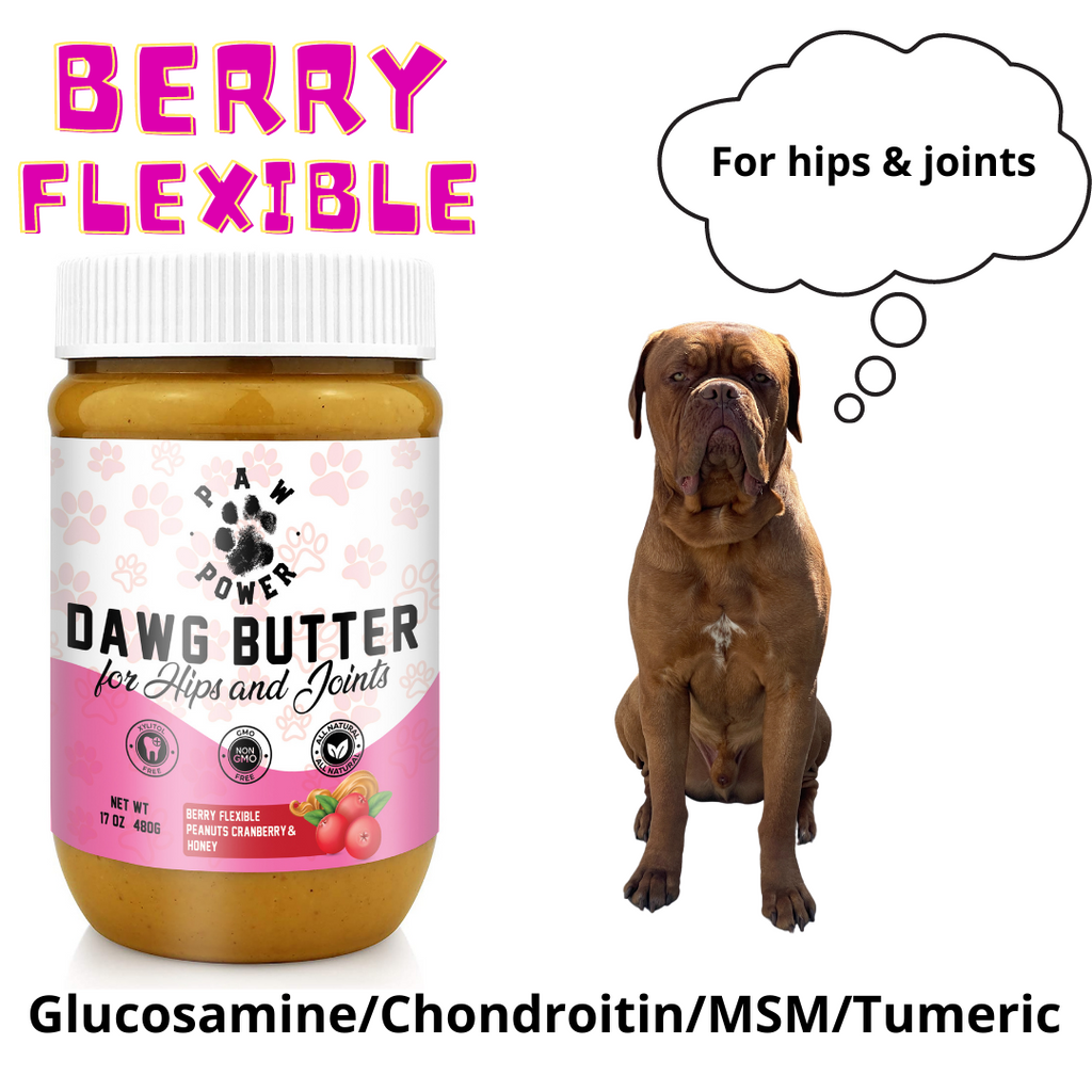 Dog supplement jar with white cap, Berry Flexible label, amber contents
