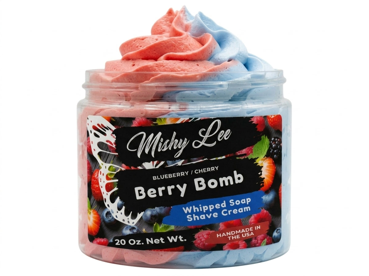 Whipped soap and shave cream jar front view with berry label and pink/blue swirls