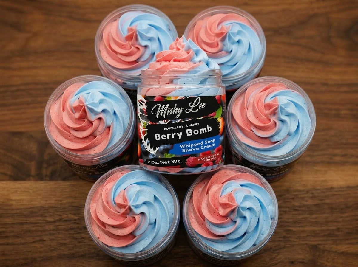 Set of small whipped soap and shave cream jars with pink and blue swirls