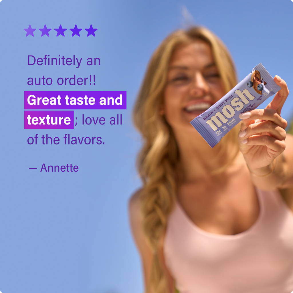 Mosh protein bar held up by a customer with rating stars in the background