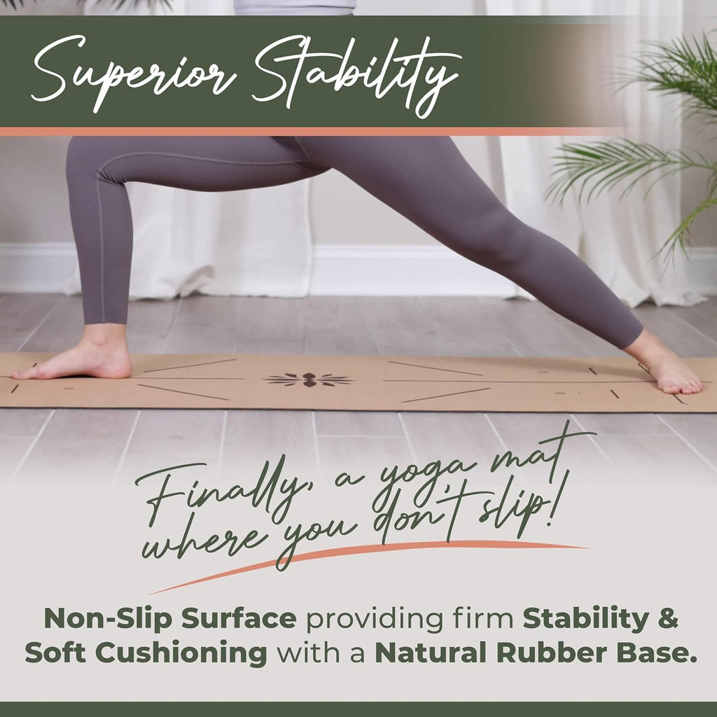Cork yoga mat on floor with non-slip surface during a wide plank pose