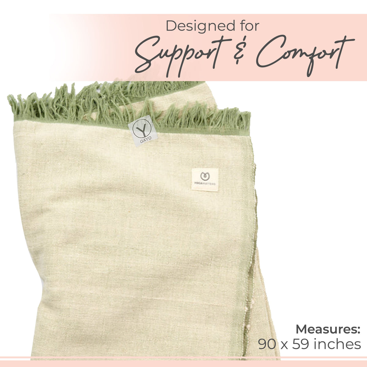 Light green organic cotton yoga blanket with logo patch and finished fringed edge.