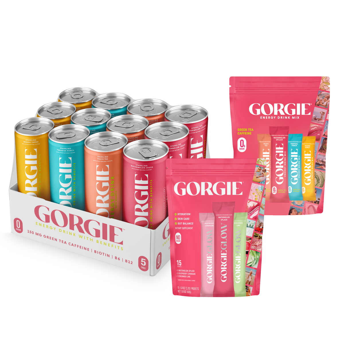 GORGE RTD energy drink bundle with assorted cans and stand-up pouch