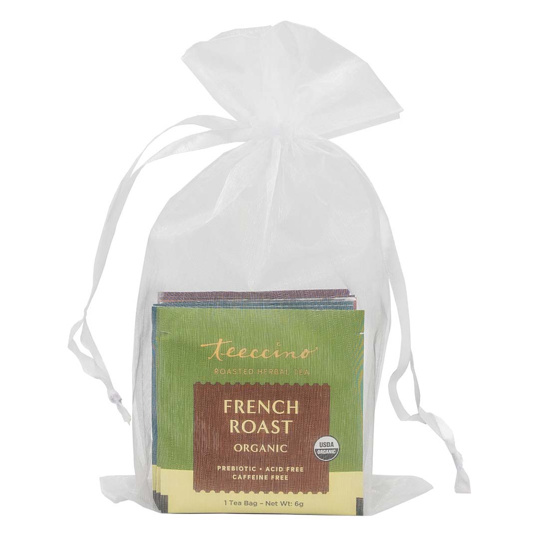 Herbal tea sampler pouch with French Roast Organic tea packet, caffeine free