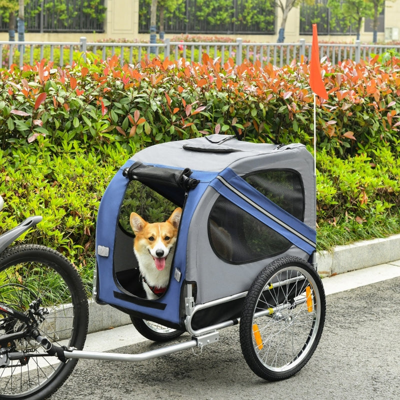 Blue and gray bike trailer pet cart with zippered mesh window and orange safety flag
