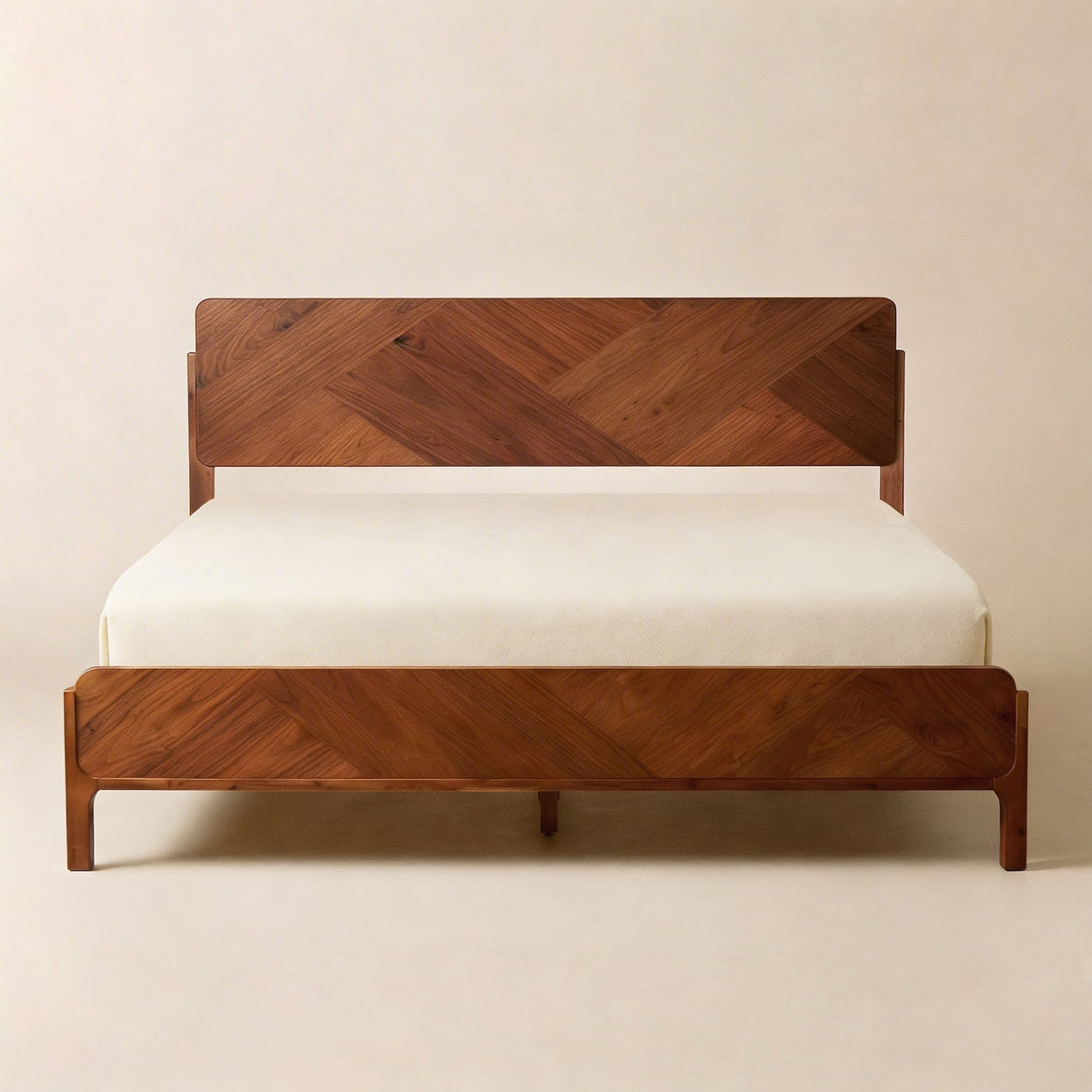 Solid wood bed frame with paneled headboard and matching footboard, caramel tone