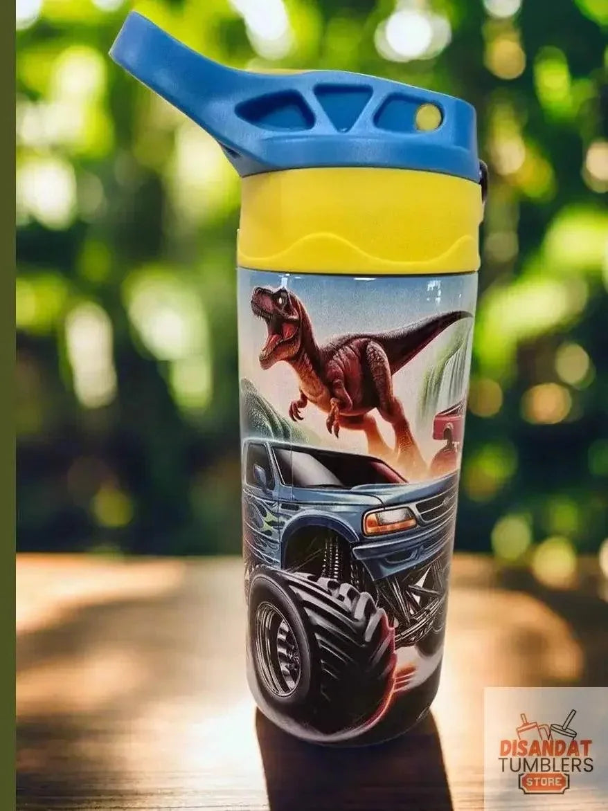 12oz boys thermal tumbler with blue lid, yellow band, and dinosaur & truck graphic