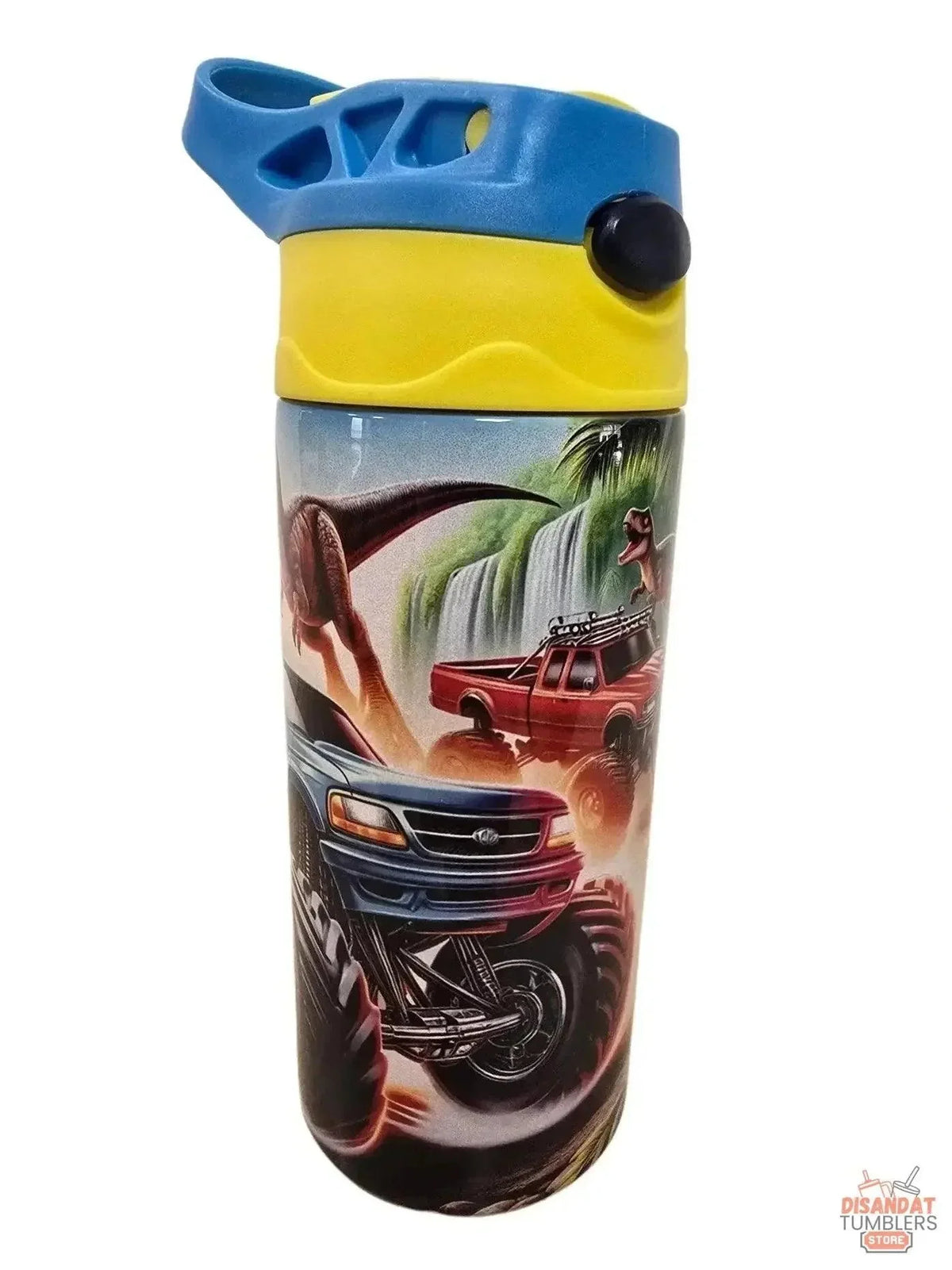12oz boys thermal tumbler showing blue lid, yellow band, dinosaur and red truck print