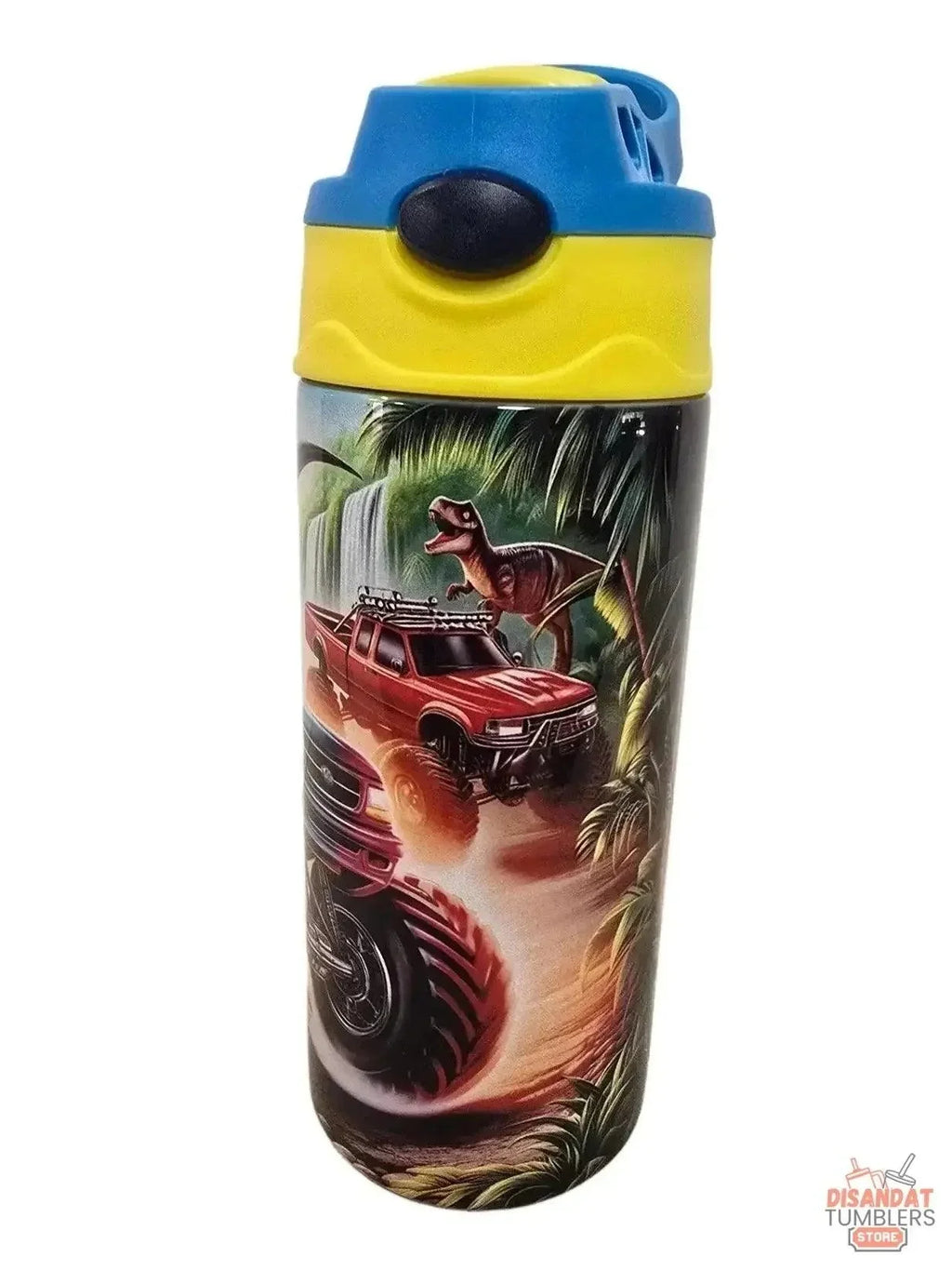 12oz insulated tumbler with blue flip-top lid, yellow panel, and dinosaur truck scene