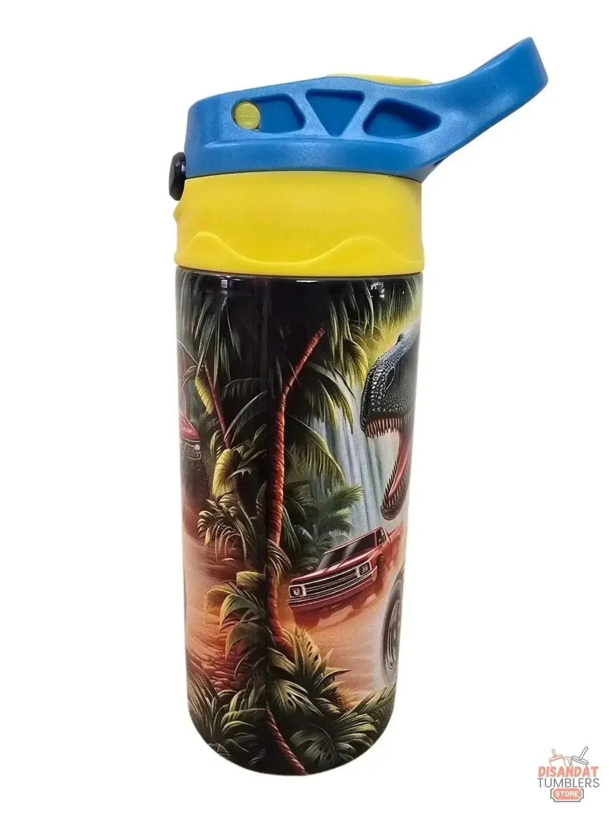 12oz thermal tumbler with blue lid, yellow band, and tropical dinosaur truck artwork