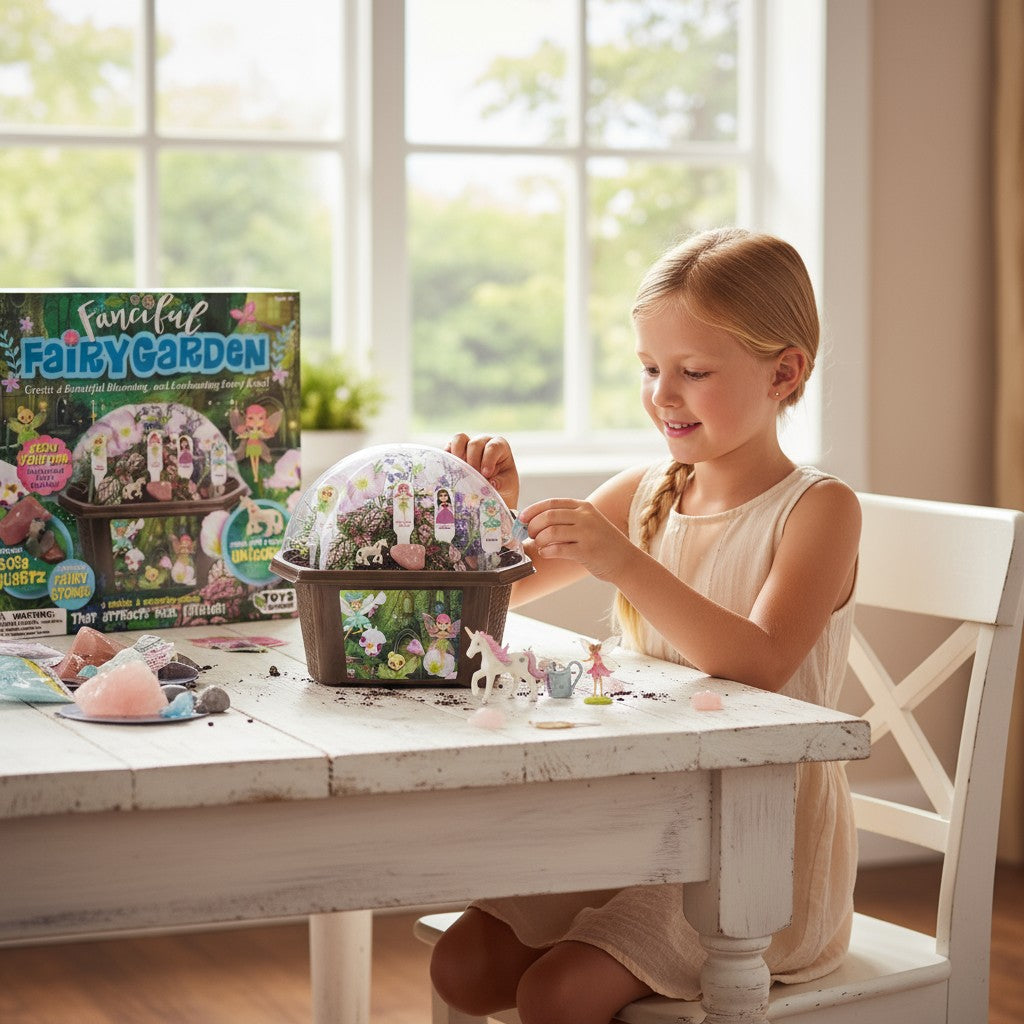 Fairy Garden terrarium kit with clear dome, plants, figurines, and a unicorn figure