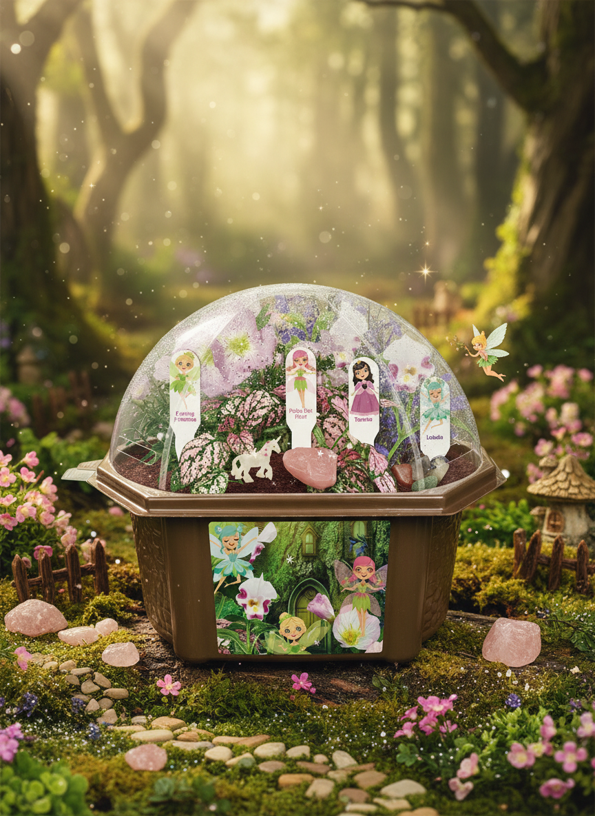 Fairy Garden terrarium with clear dome, flowering plants, fairy figures, and pink stones
