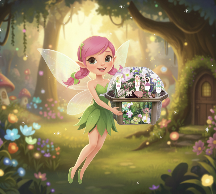 Fairy Garden terrarium kit with dome, plants, and fairy figures