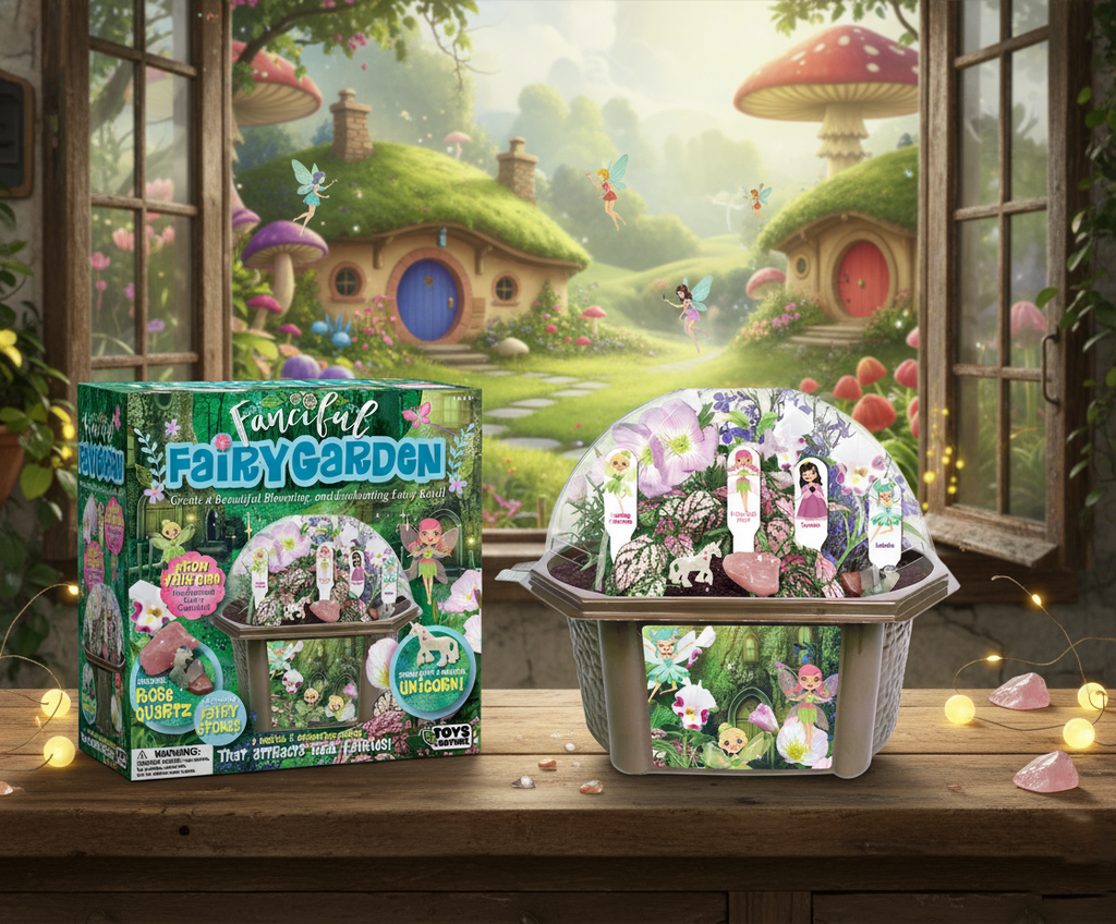 Fairy Garden terrarium kit with planted dome beside its illustrated box