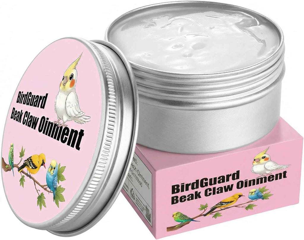 Open tin of bird beak and claw moisturizer balm with pink labeled box