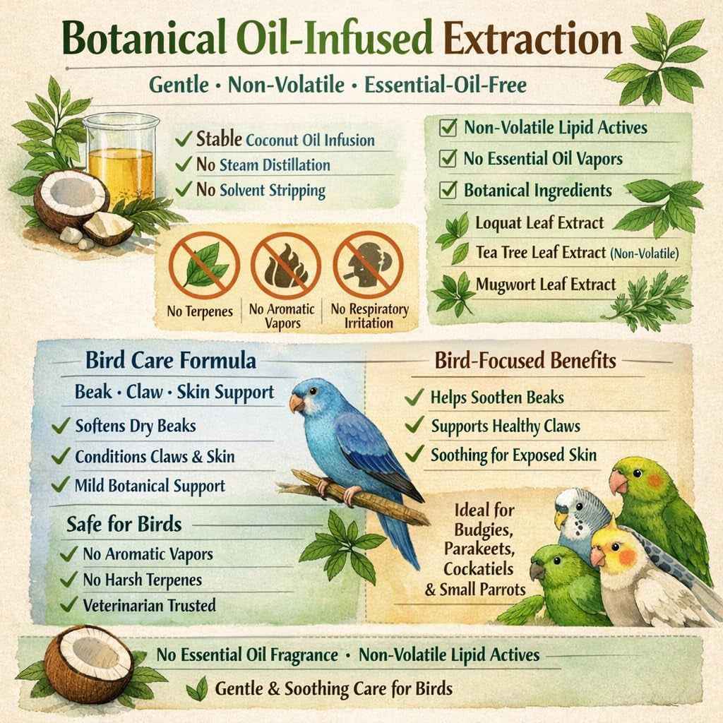 Bird balm product information graphic with ingredients and bird care benefits
