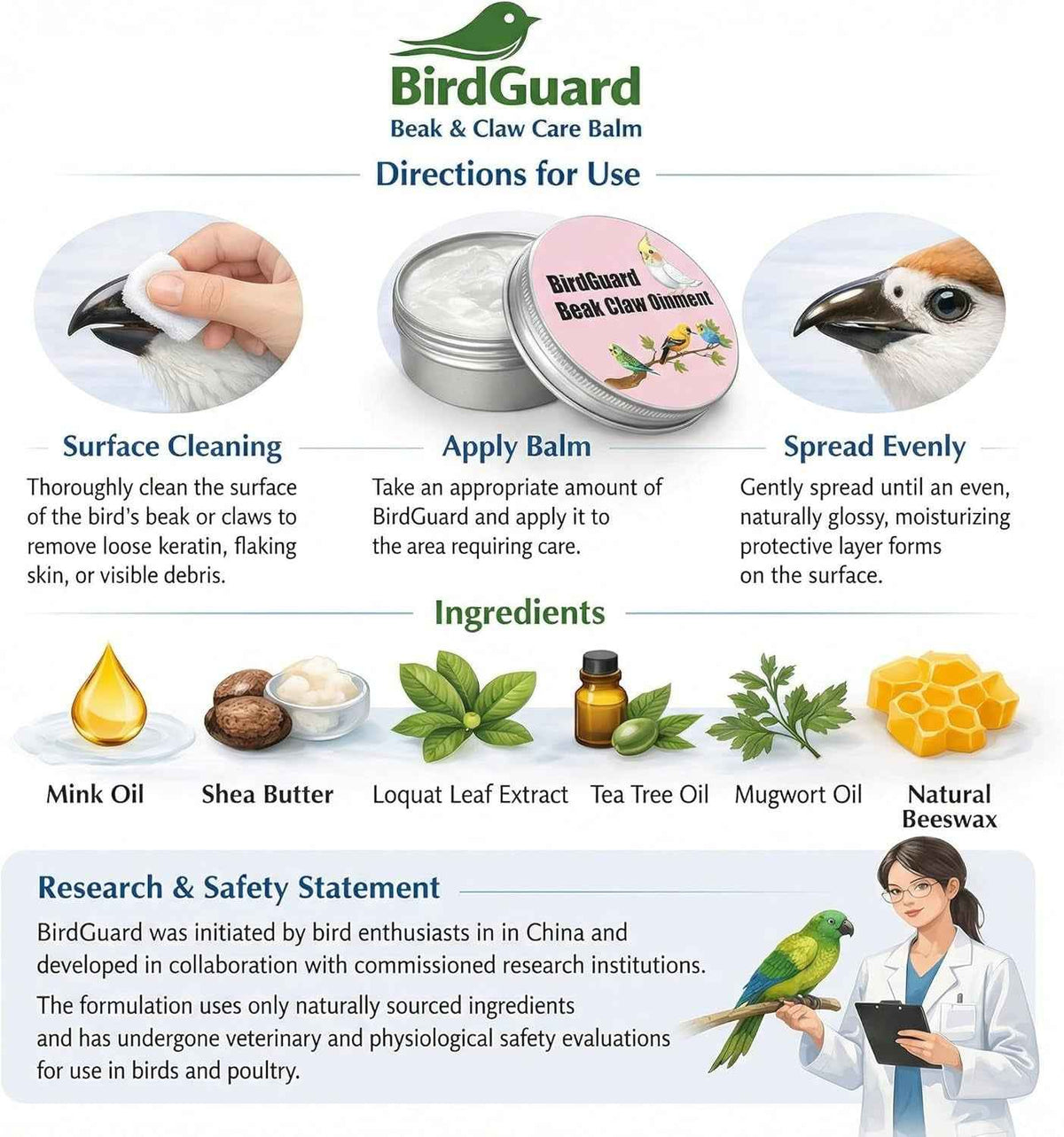 Bird balm directions graphic showing application steps and ingredients