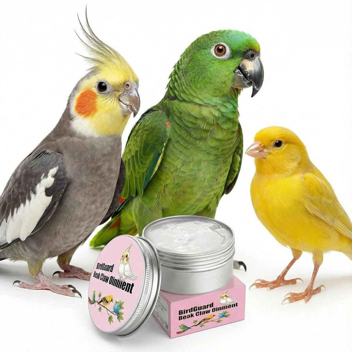 Open tin of bird balm beside a cockatiel, green parrot, and yellow bird