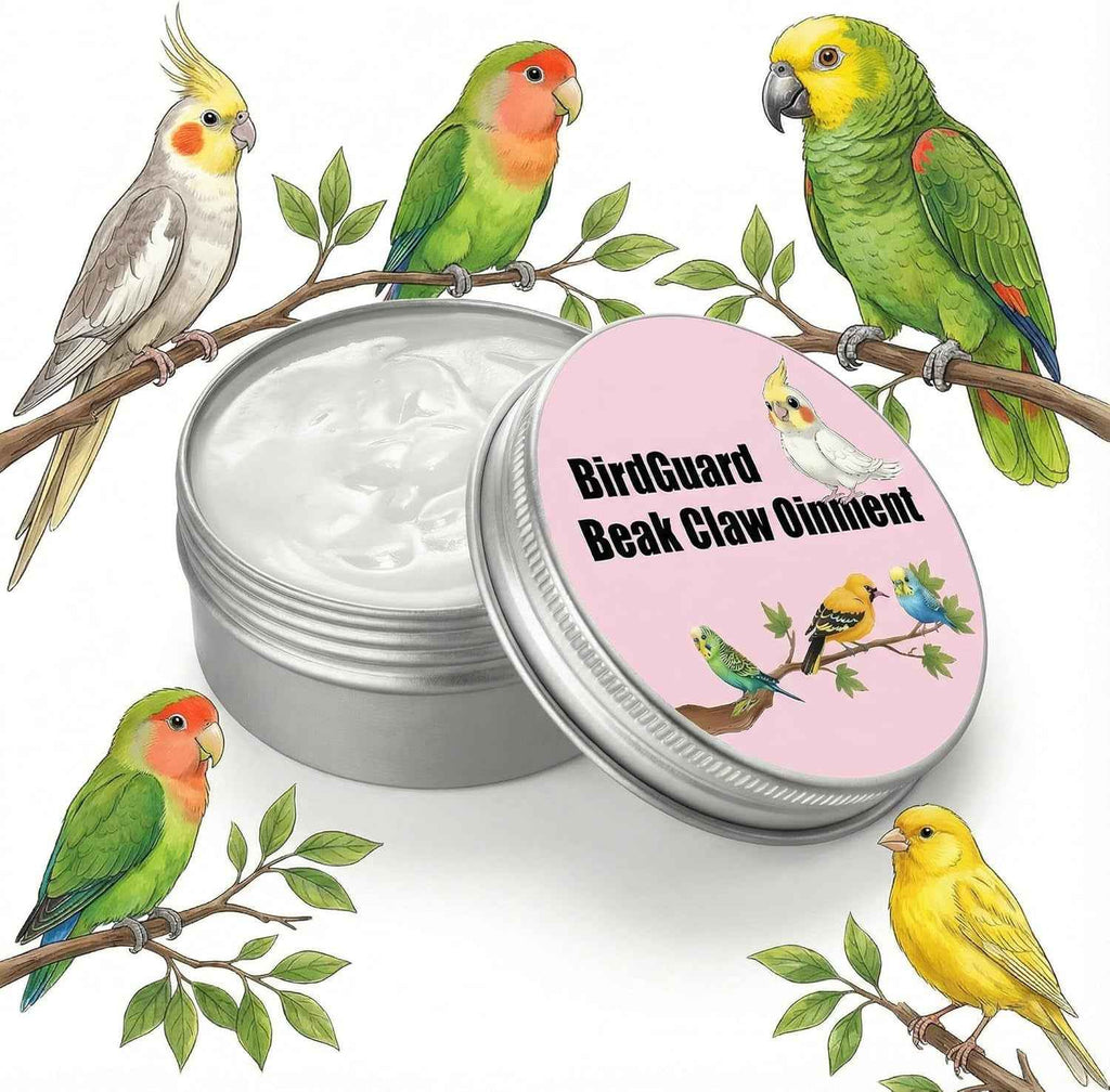 Open tin of bird balm with labeled lid and colorful birds on branches