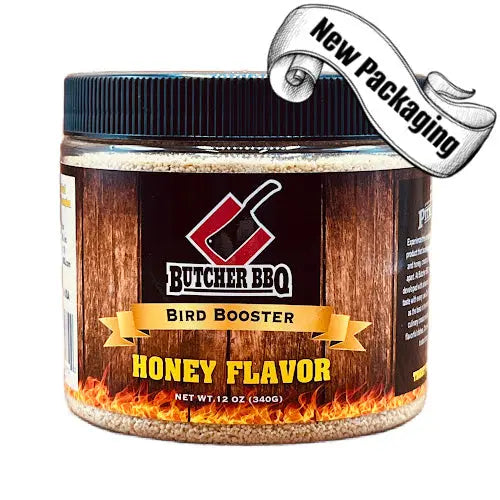 Bird Booster honey flavor meat injection seasoning jar, with blue lid and orange flames.
