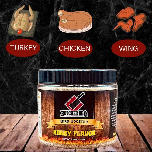Bird Booster Honey Flavor injection seasoning jar on wooden surface with dark background.