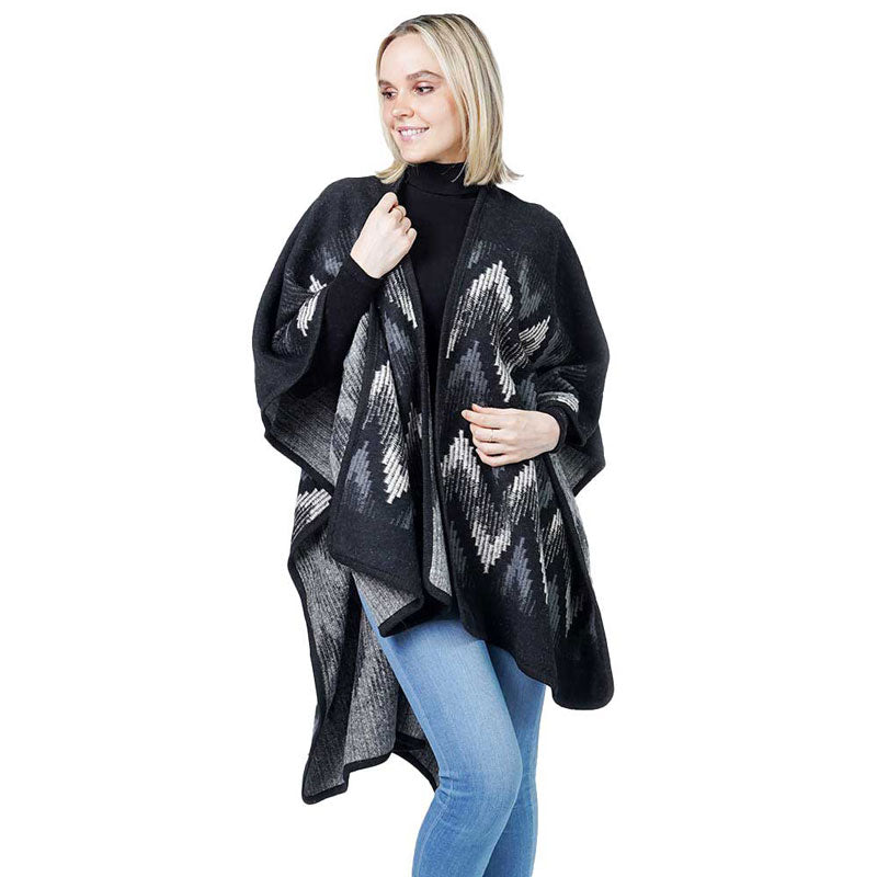 Black chevron poncho cape shawl wrap with draped sleeves and open front