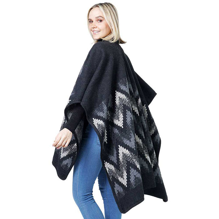 Black chevron poncho cape shawl wrap with silver zigzag pattern and draped sides