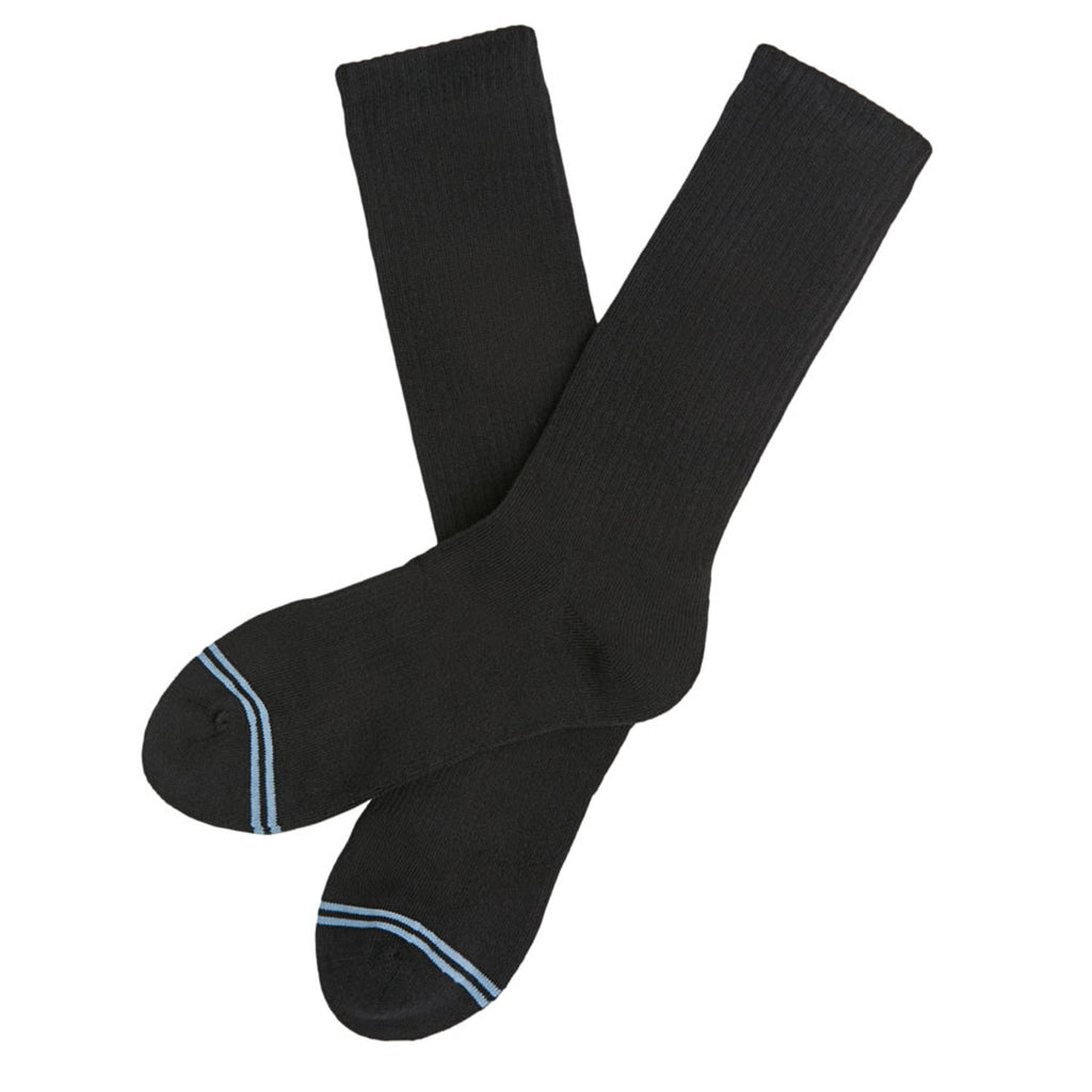 Black crew socks pair with light blue stripe accents on heel and toe