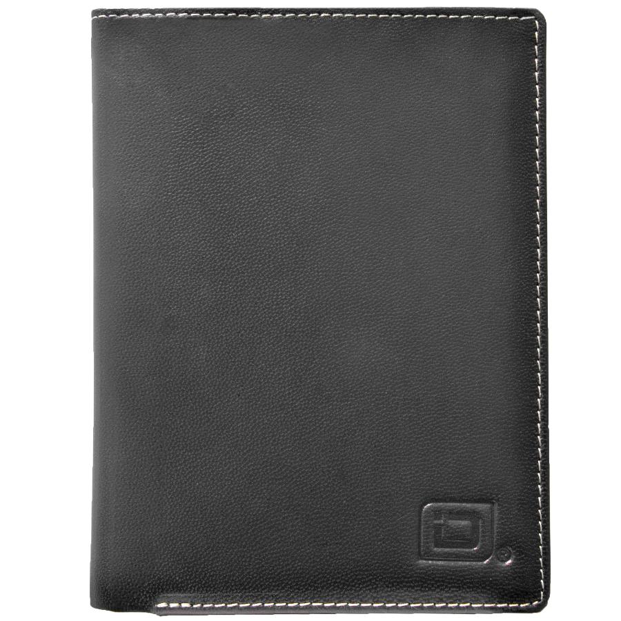 Leather passport wallet, black with stitched edges and embossed logo on front