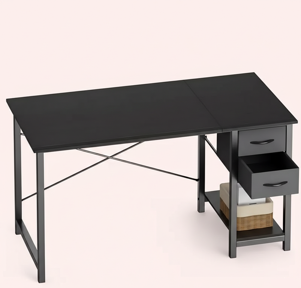 Black computer desk with fabric drawers and open lower shelf