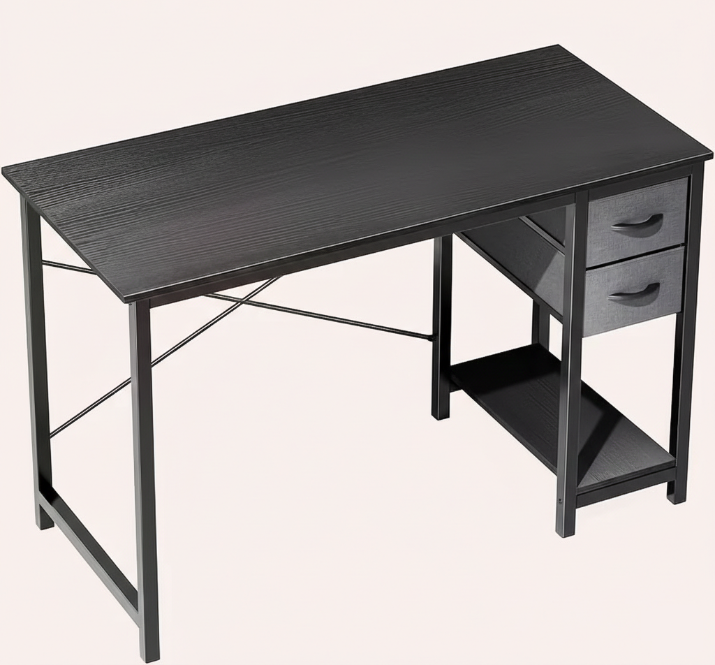 Black computer desk with fabric storage drawers and open side shelf