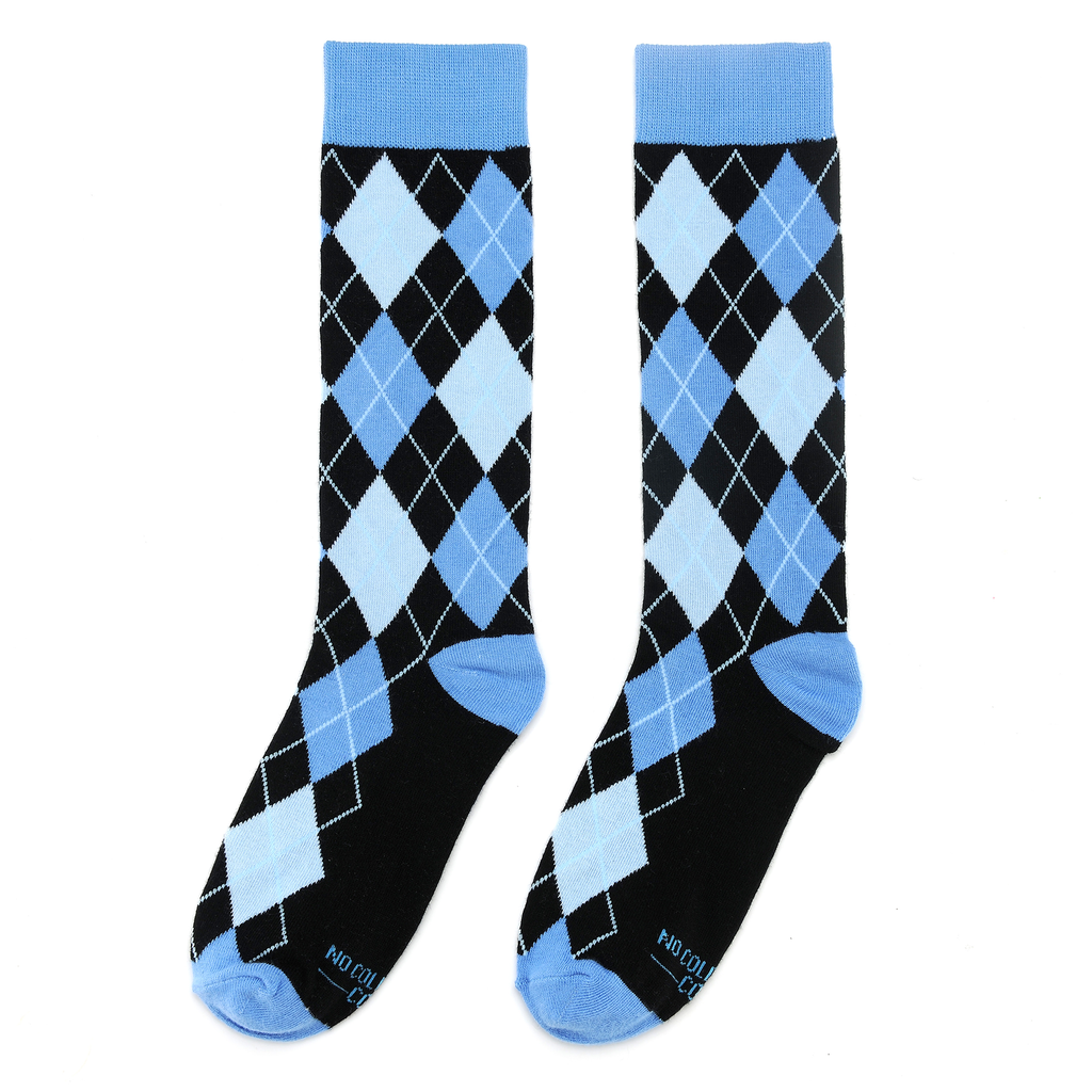 Crew socks with black, light blue, and white argyle diamonds and blue toe accents (2 pairs)
